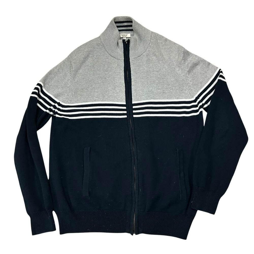 Aigle Maitre Caoutchoutier Full Zip Sweater Mens XL Gray Blue Striped Colorblock